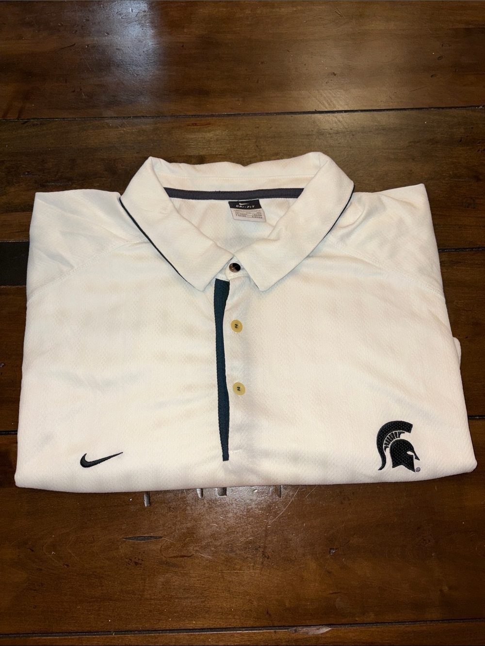 Nike White Polo with Dark Green Trim and Spartan Logo